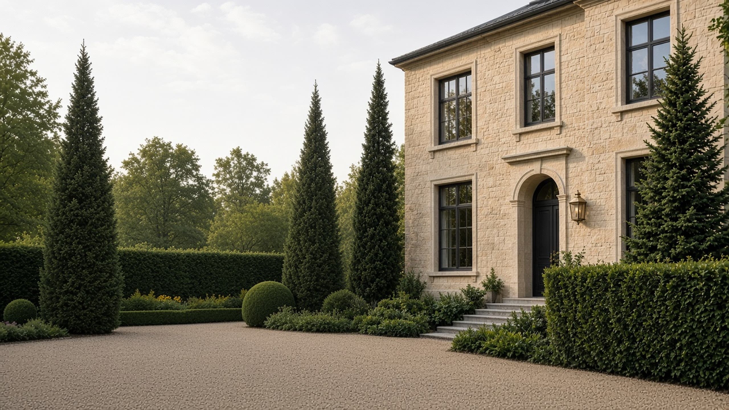 Steinernes Wohnhaus mit Tannen und Kiesauffahrt