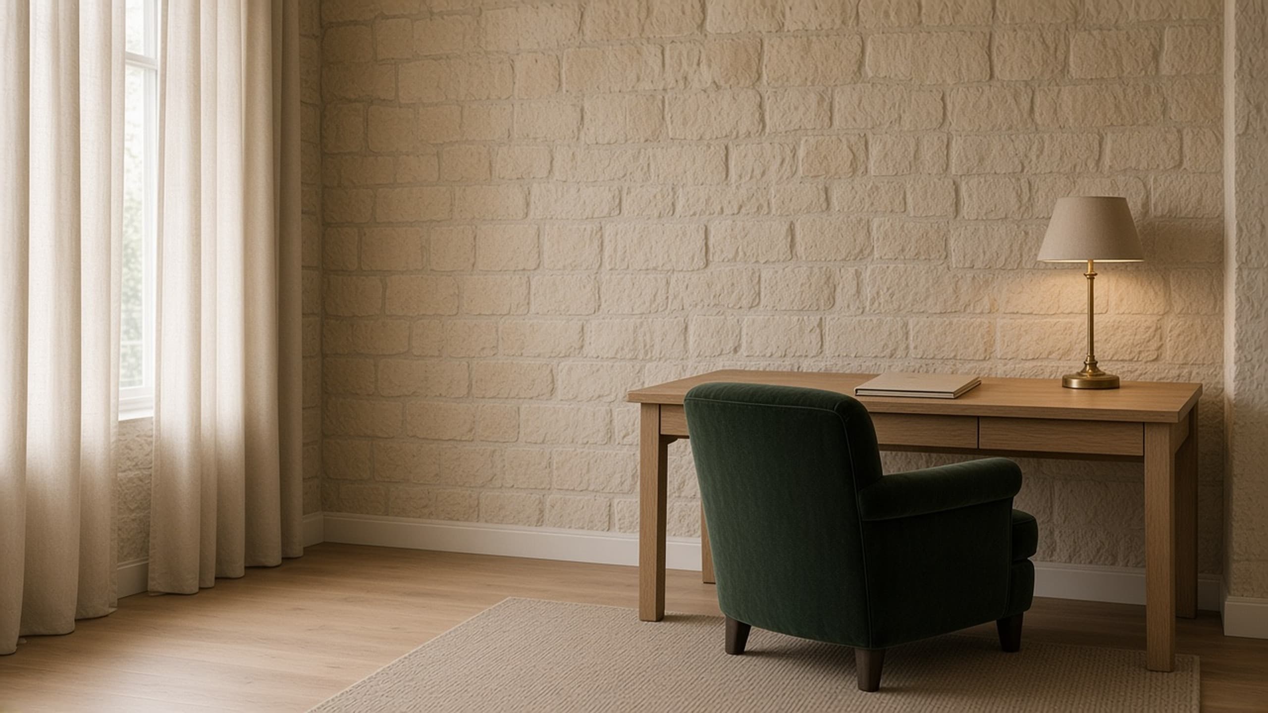Ruhiges Arbeitszimmer mit Eichenholz und Messinglampe