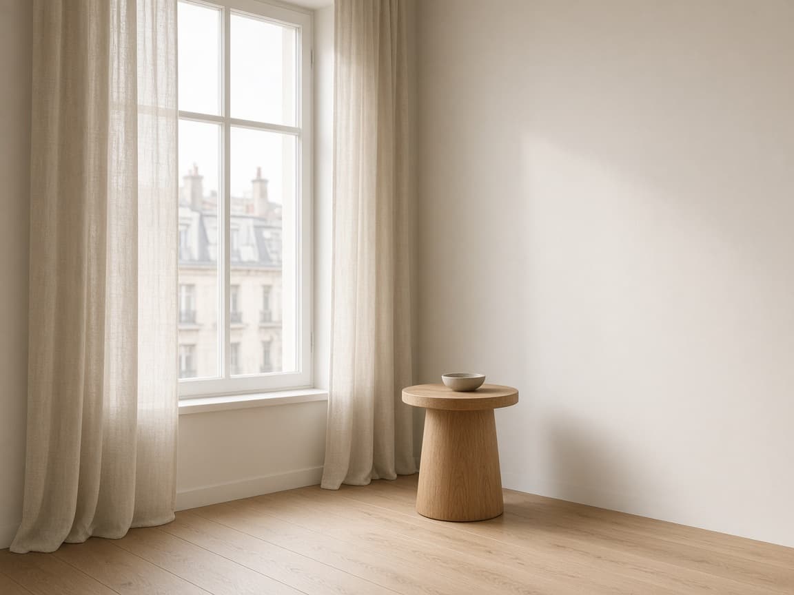 Ruhiger Raum mit hohem Fenster und Leinenvorhang