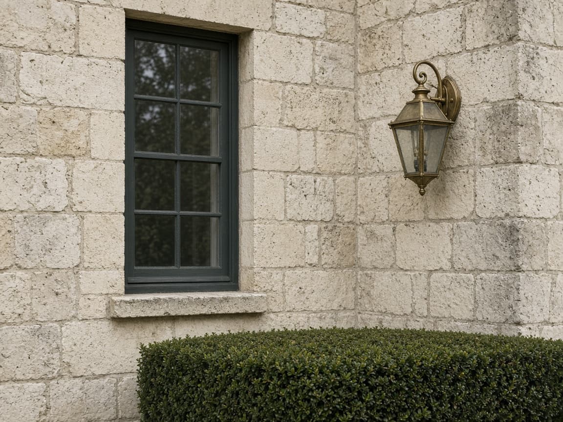 Ausschnitt einer Kalksteinfassade mit Fenster und Messinglaterne