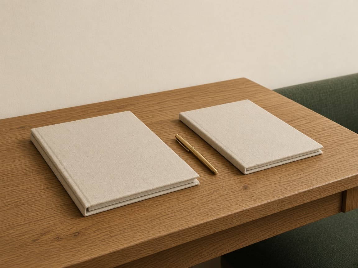 Zwei Leinenmappen und ein Messingstift auf einem Eichentisch