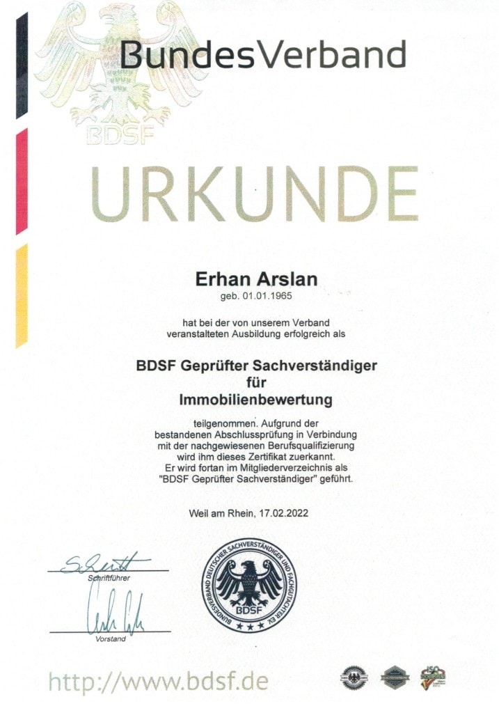 BDSF-Urkunde Geprüfter Sachverständiger für Immobilienbewertung – Erhan Arslan