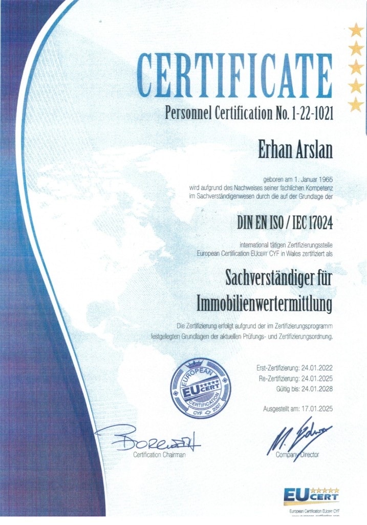 EUcert-Personenzertifikat DIN EN ISO/IEC 17024 für Erhan Arslan